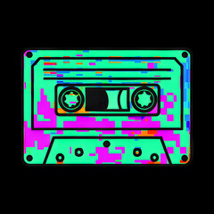 green teal Retro 8-bit cassette tape icon logo, vintage music isolated on black background, glitch, 80s, 90s 