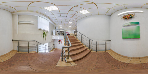 hdri 360 panorama view in empty modern hall with staircase and doors in full equirectangular spherical projection,may use as environment map in VR