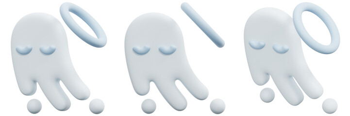 Set of Cute Cartoon Ghosts with Halos Digital Illustration 3d Render Icon Illustration
