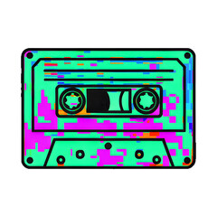 green teal Retro 8-bit cassette tape icon logo, vintage music isolated on white background, glitch, 80s, 90s 