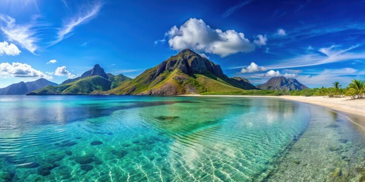 Serene landscape of Bleik Beach Panorama on Andoya Island with majestic mountains and crystal-clear waters , landscape photography, island