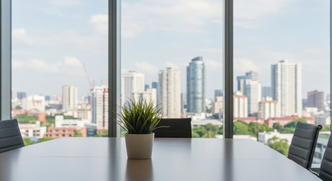 Conference room with city view representing corporate environment and modern workplace with plant