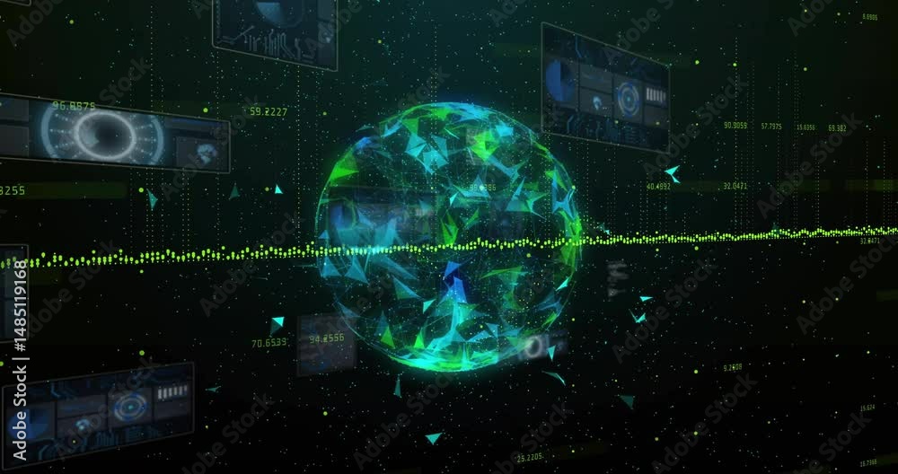 Poster triangular network globe floating in dark void showing glowing data streams and chart panels