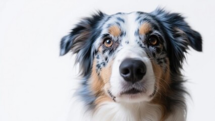 Intense blue merle border collie with expressive eyes, gazing intently. A soulful connection through a canine's piercing stare.