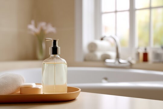 Luxurious bathroom setting with soap dispenser and soft towels near bathtub