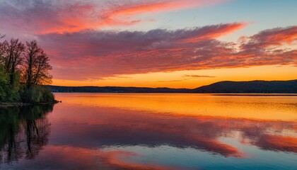 Obraz premium A sunset with a lake and trees in the background 4