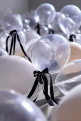 Transparent balloons with black ribbon ties in soft ambient light