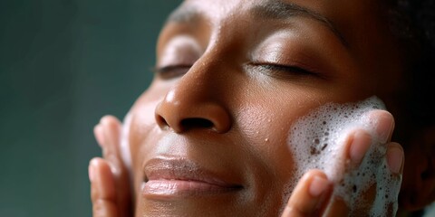 African female cleansing face with gentle foam for skincare routine