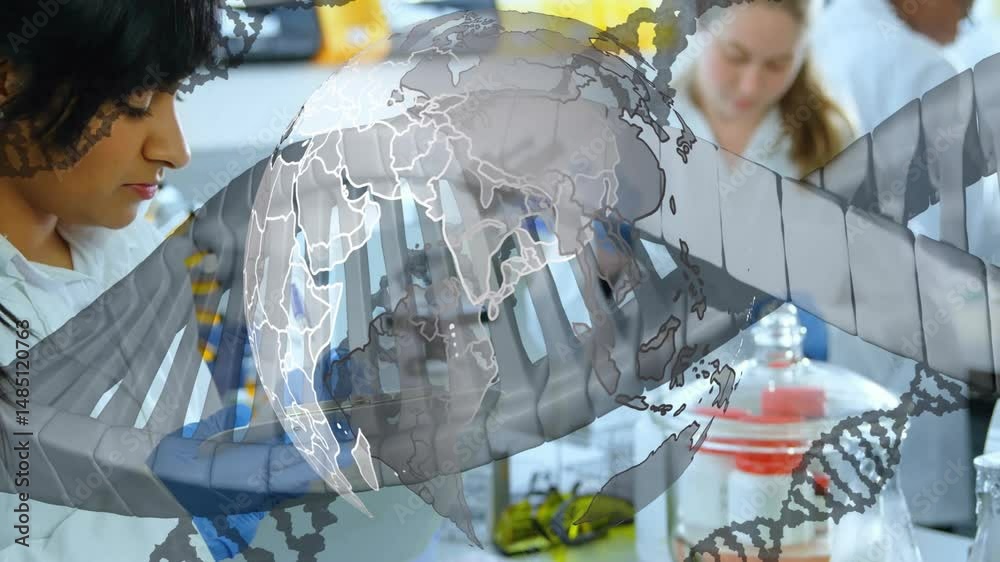 Poster research scientists collaborating at lab bench, showing floating globe and dna helix graphics