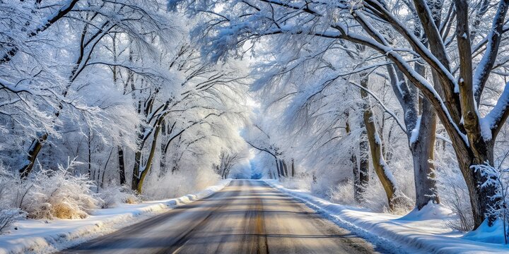 Frozen road with snow-covered trees and bare branches, snowy road, tree,  snowy road, tree, winter wonderland, peaceful, frozen