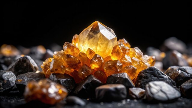 Sparkling citrine druse nestled among dark, mysterious rocks on a black background, rockscape, shine,  rockscape, shine