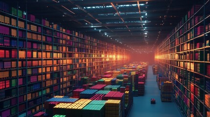 Fototapeta premium Colorful warehouse interior with stacked containers and high shelving