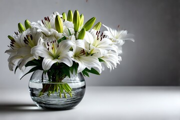 Elegant white lilies in a glass vase against a pure white background. Perfect for minimalist, wedding, or decor themes. High-quality floral still life with clean, bright aesthetics