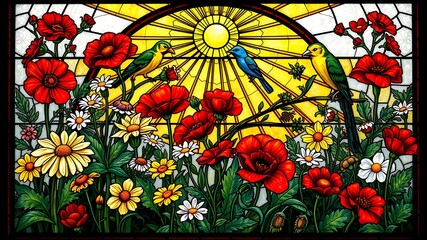 Vibrant stained glass window depicting birds and flowers in a garden setting.