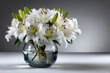 Elegant white lilies in a glass vase against a pure white background. Perfect for minimalist, wedding, or decor themes. High-quality floral still life with clean, bright aesthetics