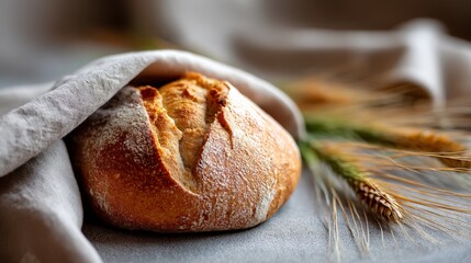 Artisan sourdough bread loaf on linen with wheat stalks in rustic setting