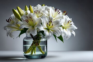 Elegant white lilies in a glass vase against a pure white background. Perfect for minimalist, wedding, or decor themes. High-quality floral still life with clean, bright aesthetics