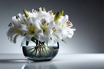 Elegant white lilies in a glass vase against a pure white background. Perfect for minimalist, wedding, or decor themes. High-quality floral still life with clean, bright aesthetics