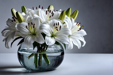 Elegant white lilies in a glass vase against a pure white background. Perfect for minimalist, wedding, or decor themes. High-quality floral still life with clean, bright aesthetics