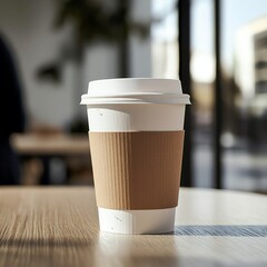 A photorealistic white coffee cup with a brown sleeve on a wooden cafe table, bathed in soft morning light. Shallow depth of field highlights condensation droplets and a softly blurred cafe backdrop.