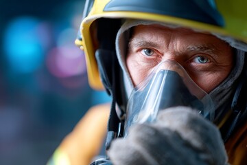 Fototapeta premium Focused male firefighter in gear with breathing mask in action