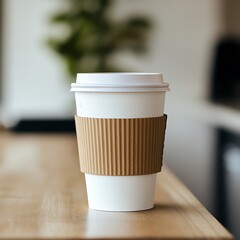 A photorealistic white coffee cup with a brown sleeve on a wooden cafe table, bathed in soft morning light. Shallow depth of field highlights condensation droplets and a softly blurred cafe backdrop.