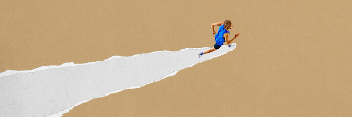 Male runner runs upward on a diagonal torn paper stripe against a brown background. Textured scrap collage. Concept of sport, race, speed, agility, determination, energy. Paper texture