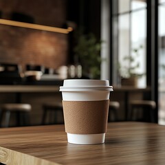 A photorealistic white coffee cup with a brown sleeve on a wooden cafe table, bathed in soft morning light. Shallow depth of field highlights condensation droplets and a softly blurred cafe backdrop.
