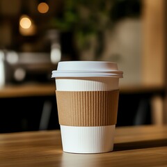 A photorealistic white coffee cup with a brown sleeve on a wooden cafe table, bathed in soft morning light. Shallow depth of field highlights condensation droplets and a softly blurred cafe backdrop.