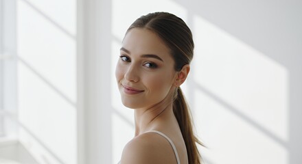 Smiling Young Woman with Freckles and Brown Hair in Ponytail Against Bright Natural Lit White Wall