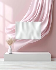 A minimalist white rectangular text box floats elegantly above a soft pastel pink background, featuring delicate shadows for a clean, modern, and stylish composition