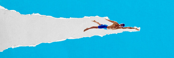 Male swimmer swimming through horizontal torn paper stripe against blue background. Textured scrap collage. Concept of sport, game, competition, strength. Abstract sport artwork with textured elements