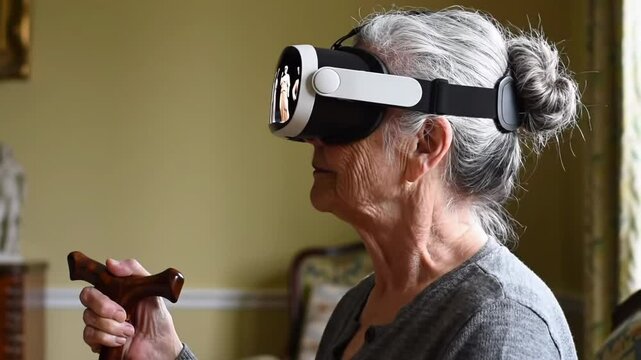 Elderly woman wearing augmented reality visor in modern environment. AI generated