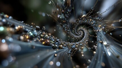 A surreal, cinematic scene of dissolving mirror fragments flowing as light. Reverse spiral motion, celestial tones, and spectral gradients evoke sacred release—abstract elegance in infinite continuity