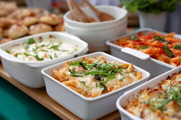 Assorted pasta dishes with cheesy baked ziti and creamy sauces in white bowls