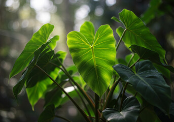 Obraz premium Lush green tropical plant showing heart shaped leaves illuminated against soft natural background