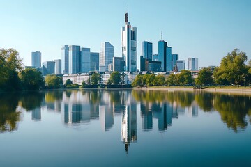 Frankfurt Skyline Reflected in Water, Modern Buildings, Clear Sky, Idyllic, Tranquil