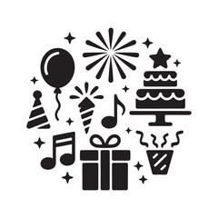 Party Icon Set Vector Black Silhouettes of Balloons Fireworks Cakes Music Gifts and Confetti