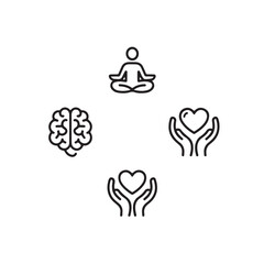 Mental Health Icon Set Vector Black Silhouettes of Meditation Poses Brains Support Hands Hearts and Self Care Symbols