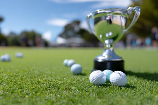 Golf championship trophy on lush green course with golf balls under blue sky - Powered by Adobe