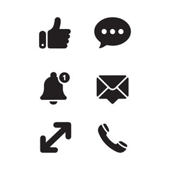 Social Media Icon Set Vector Black Silhouettes of Likes Comments Shares Message Bubbles Notifications and Phone Calls