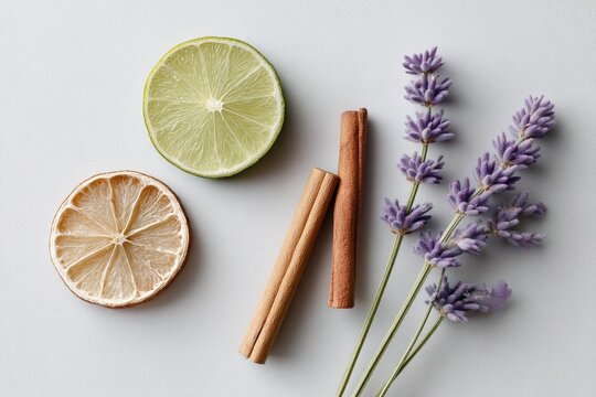 Citrus and spice arrangement with dried lemon, lime, lavender, and cinnamon sticks