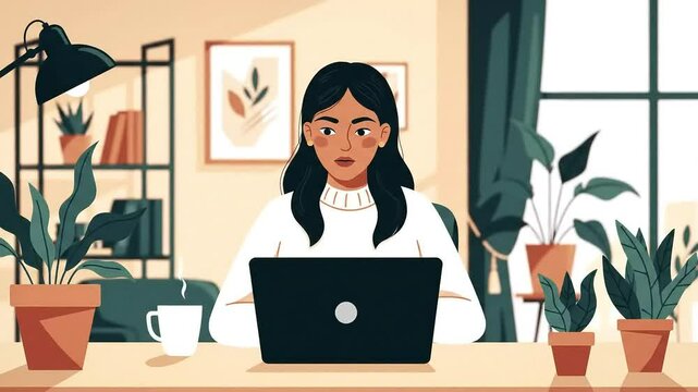 Flat vector illustration of a young professional working from home on a laptop, sitting at a desk with coffee.