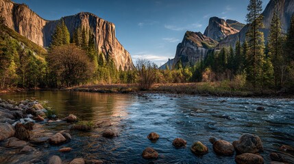 Stunning Yosemite Valley with El Capitan, a crystal-clear river, and pine trees bathed in golden hour glow. 8K ultra HD nature landscape for breathtaking visuals.
