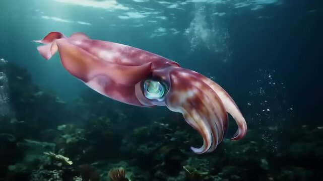 giant squid swimming in the dark depths of the ocean, underwater
