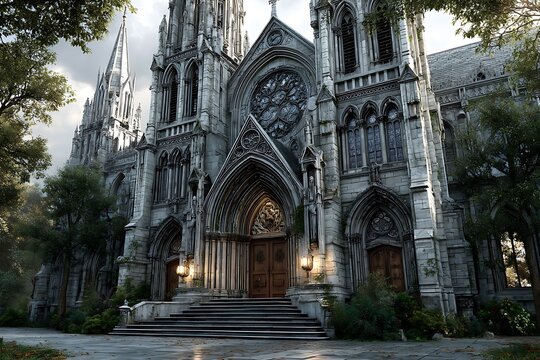 Grand gothic cathedral overgrown with nature