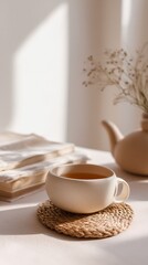 Cozy minimalist scene with beige cup, teapot, and books in soft sunlight