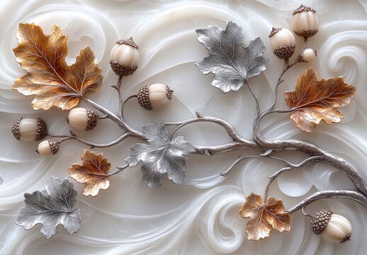 bas-relief art beautifully of Many Silver oak leaves and acorns, branches