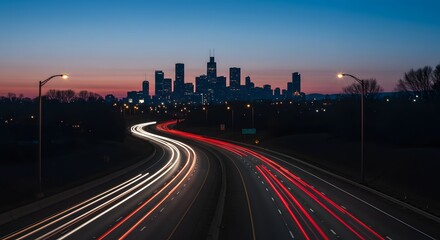 Cityscape at Dusk Highway Light Trails and Skyline Panorama