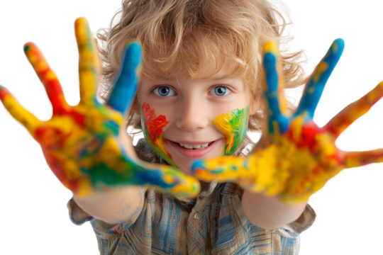 A set of expressive painted hands of a child showing bright colors and joyful creativity, isolated on a transparent background